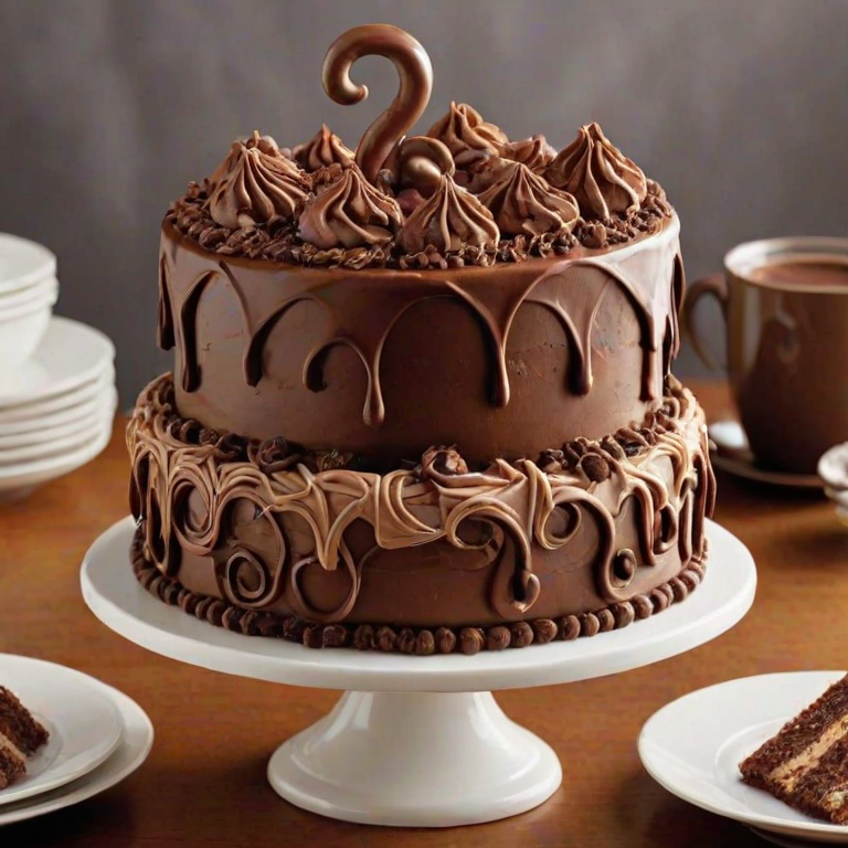 Create a three-tier cake featuring smooth layers of vanilla and chocolate frosting. The top layer should have intricate swirls of frosting and be adorned with chocolate cups. The middle layer should have a rich chocolate finish, while the bottom layer should include crushed chocolate candies scattered around the edges. The cake should be displayed on a decorative white cake stand.
