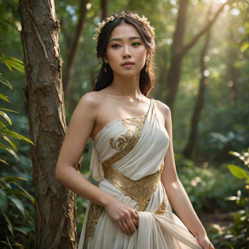 Create a portrait of a goddess-like Singaporean girl figure in a tranquil, forested environment. She has an elegant appearance with long, wavy hair styled in an updo and adorned with a delicate, floral headband. She wears a flowing, ancient Greek-inspired gown in a soft, pale color, featuring a one-shoulder design and draped fabric that accentuates her graceful form. The outfit includes a decorative belt with ornate gold detailing, and she holds a bow in her hand, with a quiver of arrows slung over her shoulder. The background depicts lush greenery, with sunlight filtering through the trees, casting a gentle, ethereal light on the scene. Her expression is calm and contemplative, embodying a sense of wisdom and serenity.