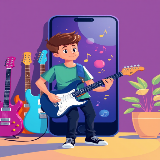 create an illustration of a young boy playing an electric guitar in front of a large smartphone with music notes and icons, include three colorful electric guitars on the left and a potted plant on the right, use a bright color palette, style it in a flat design, camera settings: f/8, ISO 100, 1/60s, camera view: eye-level, camera style: digital illustration, camera type: vector art