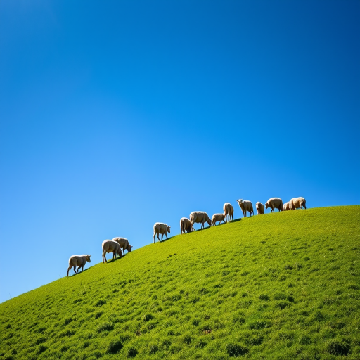 sheep grazing on a lush green hill under a bright blue sky, captured with a Canon EOS 5D Mark IV, aperture f/8, shutter speed 1/250s, ISO 100, using a 50mm lens for sharp focus and vibrant colors, landscape orientation