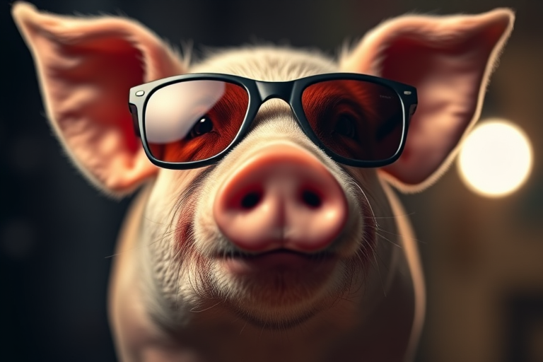 A close-up shot of a pig wearing stylish sunglasses, captured with a DSLR camera using a 50mm lens at f/1.8 aperture, ISO 100, and 1/200 second shutter speed, in a dramatic lighting setting with a soft-focus background.