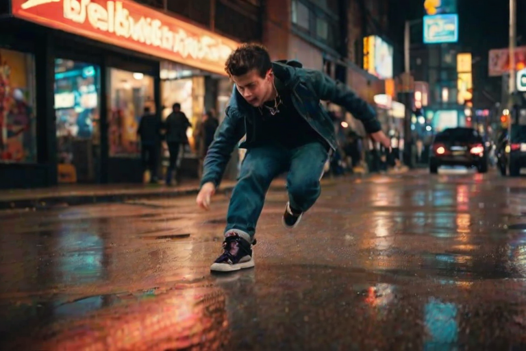 Blurry, high-energy shot of a breakdancer mid-spin on a city sidewalk, with soft reflections of neon signs and car headlights bouncing off wet pavement in the background.