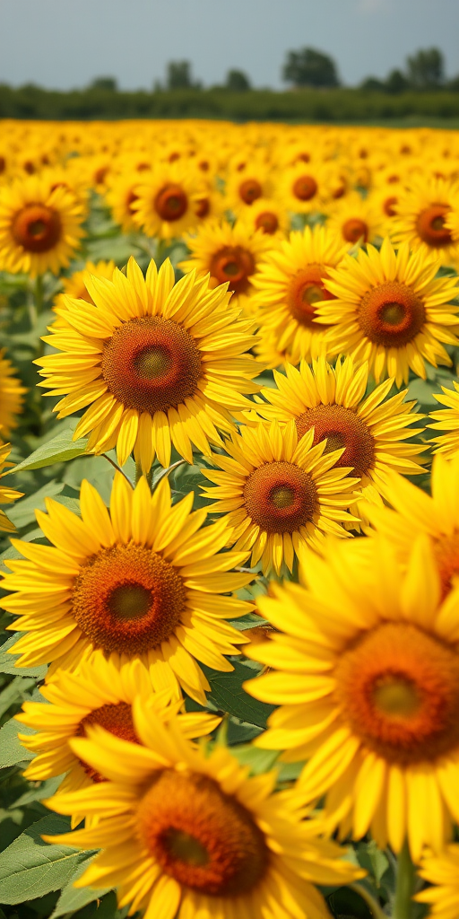 sunflower field during midday with vibrant yellow blooms, wide-angle shot, f/8 aperture, ISO 200, 1/500 sec shutter speed, DSLR camera, enhance color saturation and clarity