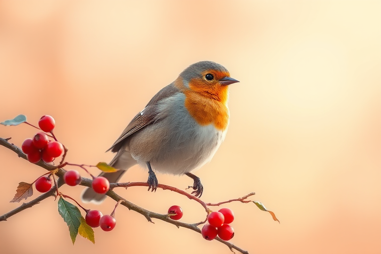 Create a digital illustration of a bird perched on a branch with berries, featuring a soft pastel background in warm tones, shot with a Canon EOS R5 using a 50mm lens at f/1.8, ISO 100, with a slight vignette effect for depth.