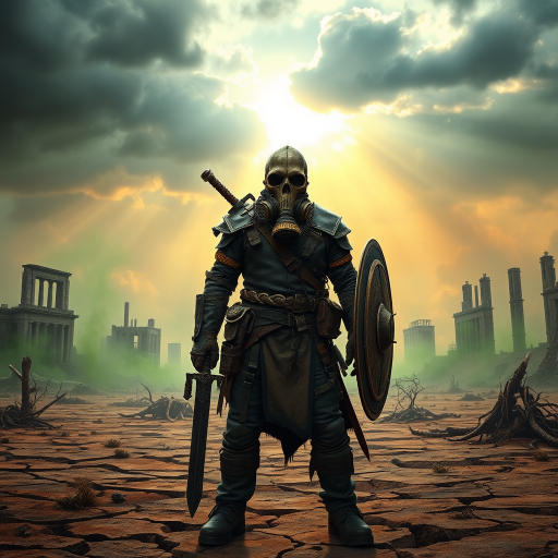 A post-apocalyptic wasteland with a lone figure, The Last Warden, standing in the foreground. He wears a skull-like gas mask, with cracked lenses, and a rugged mix of leather and scavenged armor. His attire is weathered and patched, showing signs of long battles and harsh environments. In one hand, he holds a sword made from broken steel, and in the other, a shield made from scrap metal. The background features a desolate landscape with crumbling ruins of a once-thriving city, shrouded in toxic green and orange haze. The ground is cracked, with dead vegetation and twisted remnants of civilization. The sky is ominous, with dark clouds and faint rays of sunlight breaking through, symbolizing a glimmer of hope in the midst of despair. Increase the brightness of the background, making the sunlight more prominent and casting more light on the ruins and the figure to enhance the sense of hope in the scene.