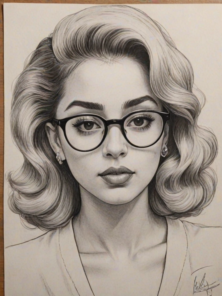 Wonderful Kali Uchis, pencil sketch, portrait of Bewitching woman 1946s in glasses, hair style beatnik, outline, clear lines, fine lines, 8k