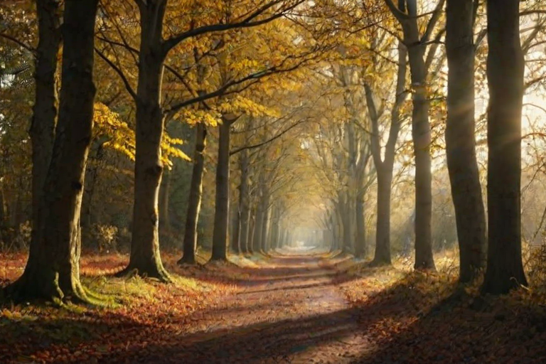 photograph, a path in the woods with leaves and the sun shining , by Julian Allen, dramatic autumn landscape, ears, park, take off, peace, rich cold moody colours, hi resolution, oaks