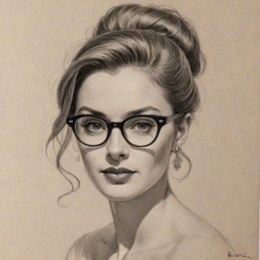 Enchanting Jack'e Harry, pencil sketch, portrait of Graceful woman 1951s in glasses, hair style beatnik, outline, clear lines, fine lines, 8k