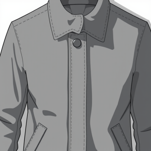 Generate a high-resolution illustration of a gray jacket with a high collar and snap buttons, using a DSLR camera with a 50mm lens, aperture f/2.8, ISO 100, in bright daylight, top-down view, and a subtle drop shadow for depth.