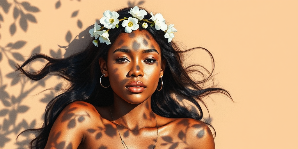 create a watercolor painting of an ethereal portrait of beautiful Aboriginal Australian woman with a simple white flower crown on her head. Her hair is long and she is lying on the ground. The sunlight on the trees casts shadows from the leaves on her face and body. The background is a neutral brown color that matches her skin tone. The image is minimalist and solid colors. This style is characterized by soft, delicate brushstrokes and a light, airy, contrasting color palette. High level of detail and play of light