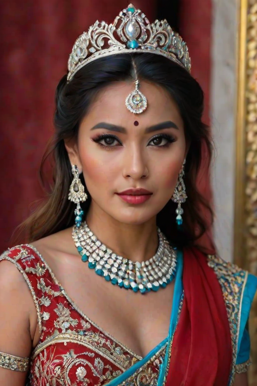 A gorgeous Nepali woman in a luxurious red gown, accessorized with a dazzling tiara and statement earrings, her deep cyan eyes highlighted by impeccable makeup, poised in a royal setting, photorealistic, 8K quality