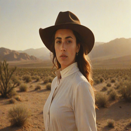 Dramatic photo of a beautiful Druze woman, classic cowboy attire, confident and free spirit expression, half-length portrait, centered, golden hour desert landscape, warm, diffused light, low angle, medium format film camera, in style of Annie Leibovitz.