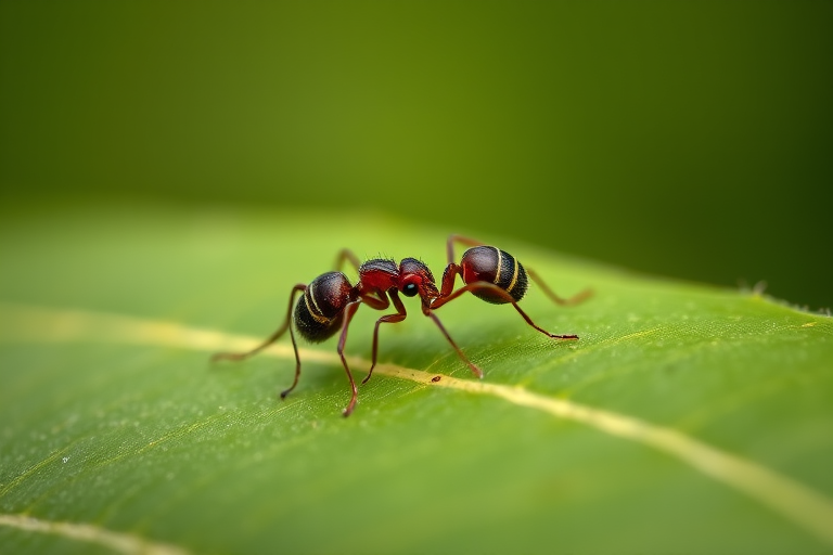 macro shot of an ant on a green leaf with a blurred background, f/2.8 aperture, 100mm lens, ISO 100, 1/200 sec shutter speed, natural light, Canon DSLR