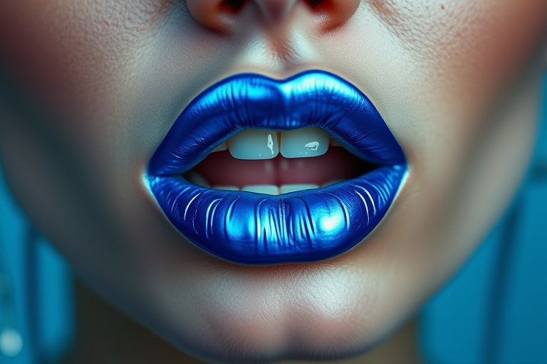 Electric blue lips with a metallic finish, bold and eye-catching, perfect for a futuristic or cyberpunk-inspired fashion editorial