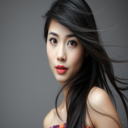 Photographic image of a beautiful young Hmong woman, brown eyes, lips with white lipstick, long hair fluttering in the wind and wearing a silk strapless dress with a soft purple and orange print. monochrome image with only color highlights in the iris of the eyes, lipstick and dress. Gray background.