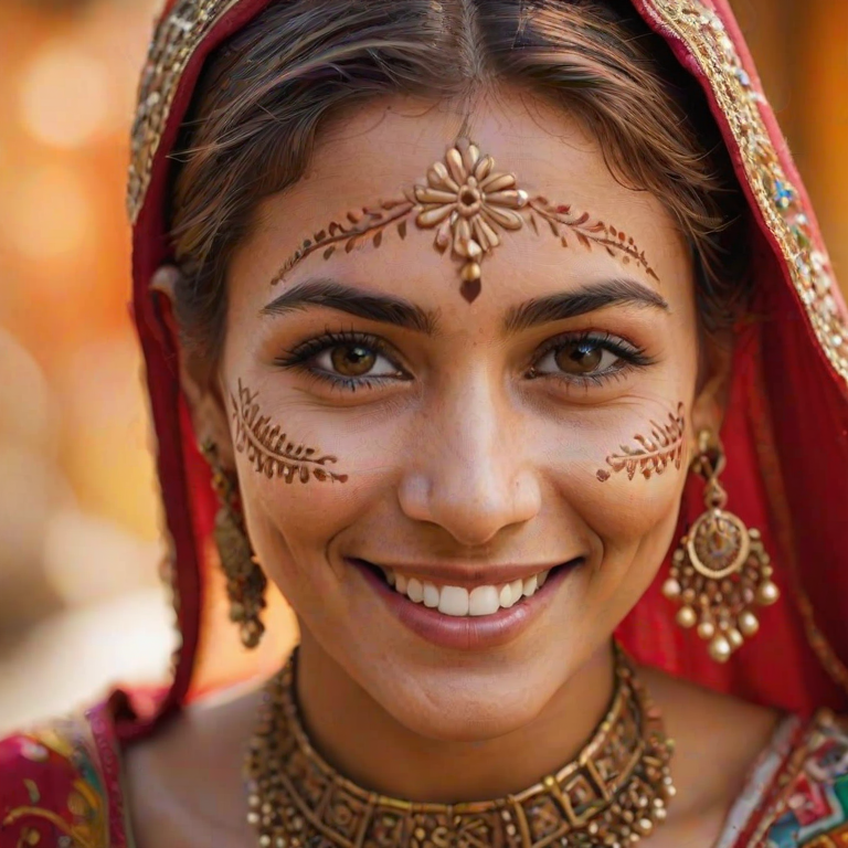 Close-up of a woman’s face adorned with intricate henna designs, her smile radiating warmth, with soft fabrics and vibrant colors in the background enhancing the cultural richness of the moment.