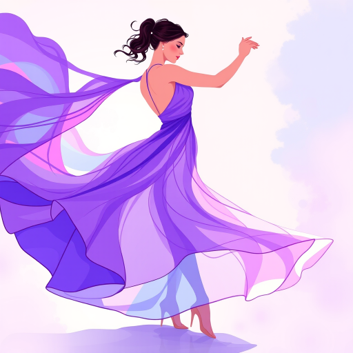 Create a high-resolution illustration of a graceful woman dancing, wearing a flowing gown in shades of purple and blue, captured in a bright and vibrant style, using a Canon EOS R5 camera with a 50mm lens, aperture f/1.8, shutter speed 1/200s, ISO 100, from a low angle perspective to emphasize movement and elegance.