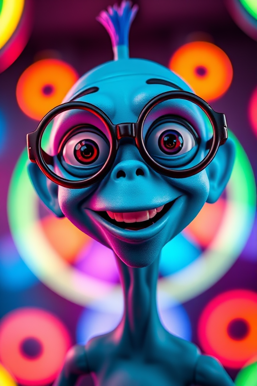 Create a vibrant and playful portrait of a blue, cartoonish alien character with oversized glasses and a wide smile, surrounded by colorful circular neon lights; use a 50mm lens, f/1.8 aperture, ISO 100, and studio lighting with soft diffusion for even illumination.