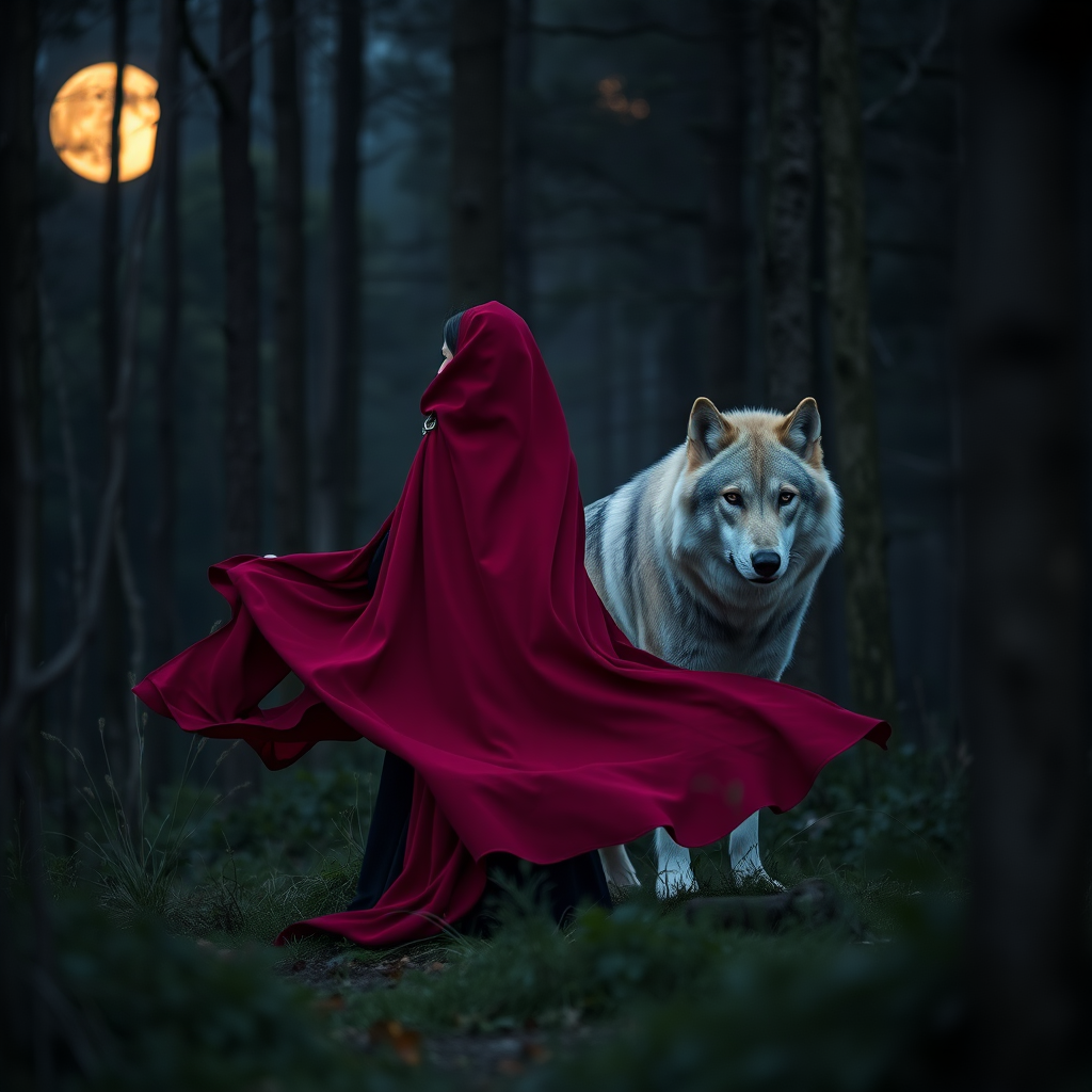 Create an ethereal forest scene with a woman in a flowing crimson cloak standing beside a majestic wolf, a full moon illuminating the background, captured with a Canon EOS R5, 50mm f/1.2 lens, aperture f/1.8, ISO 200, 1/60 sec, dusk lighting for a soft, mystical atmosphere.
