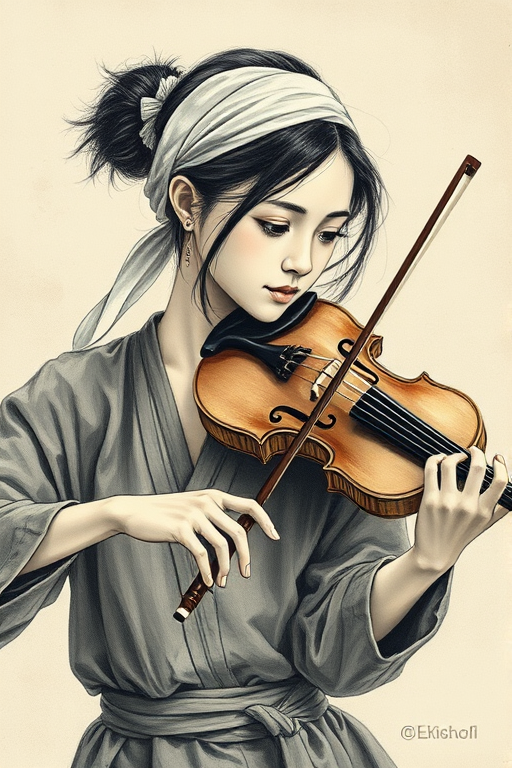 a young Ryukyuan woman with a white headband playing a violin, in the style of a charcoal drawing, sepia grunge background