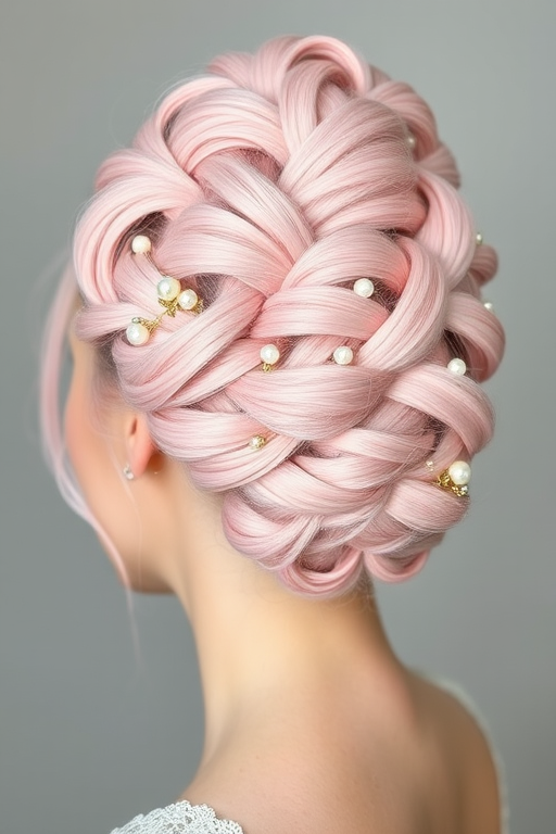 Ethereal pastel pink updo known as "Cotton Candy Cloud" incorporates intricate braids and twists, adorned with delicate pearl accents and wispy tendrils framing the face