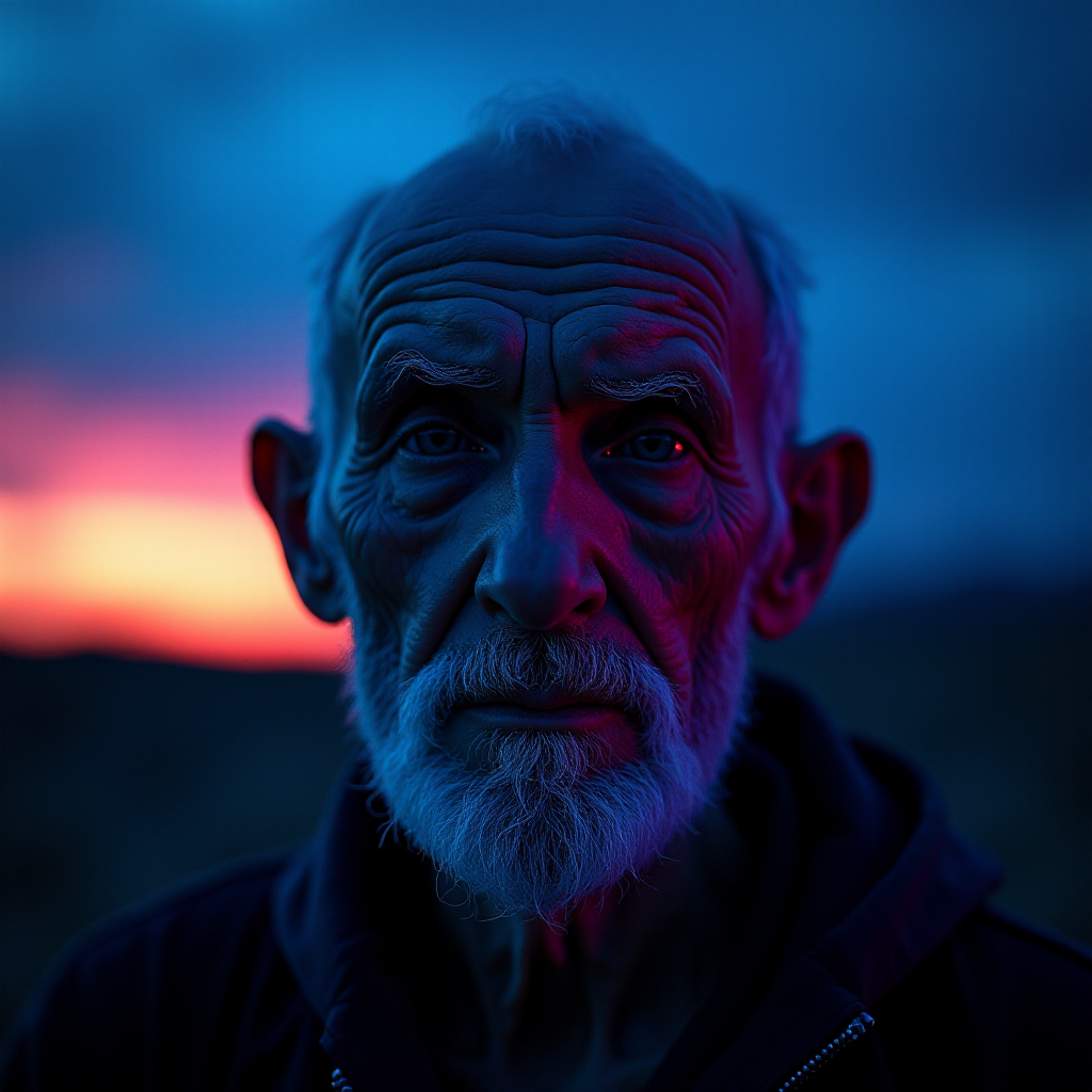 create a close-up perspective view fine art photography contemporary style of an elderly worn albino’s face with a soft, candid expression on a blurred sky black light background. Showcasing a modern style characterized by vibrant blacklight tones, using dramatic lighting and soft gradients to create a fine art atmosphere. The focus is on the light and facial features. motion light blur, neon backlit