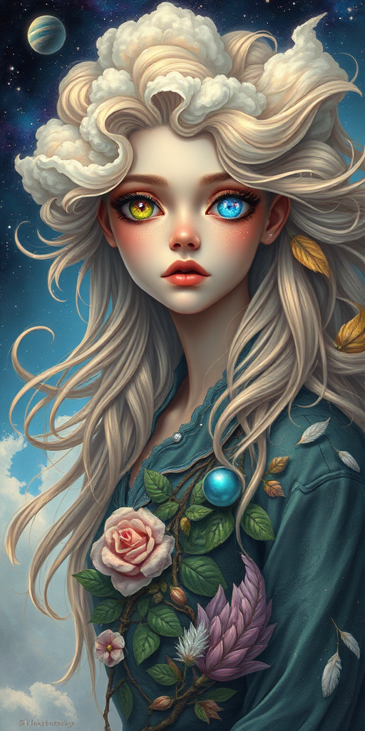 Create a series of imaginative portraits where each subject is infused with elements of fantasy and nature. The hair of the individuals should flow like clouds, varying from soft, fluffy cumulus to wispy cirrus strands, with hints of color reflecting a sunset or a clear blue sky. The eyes should be windows to entire galaxies, with stars, nebulae, and distant planets visible within them. Clothing should be adorned with nature motifs, such as floral patterns that bloom and change, vines that seem to grow and wrap around, or feathers that shimmer with iridescence. Each portrait should capture a unique personality, blending human features with the ethereal beauty of the natural and cosmic world. The backgrounds can vary, from starry night skies to enchanted forests, adding depth and context to the magical realism of the portraits