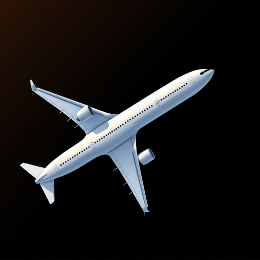 Create a high-resolution digital illustration of a modern passenger airplane flying against a solid black background, using a 50mm lens, aperture f/5.6, ISO 100, top-down view, in a vector art style, with vibrant colors and smooth gradients.
