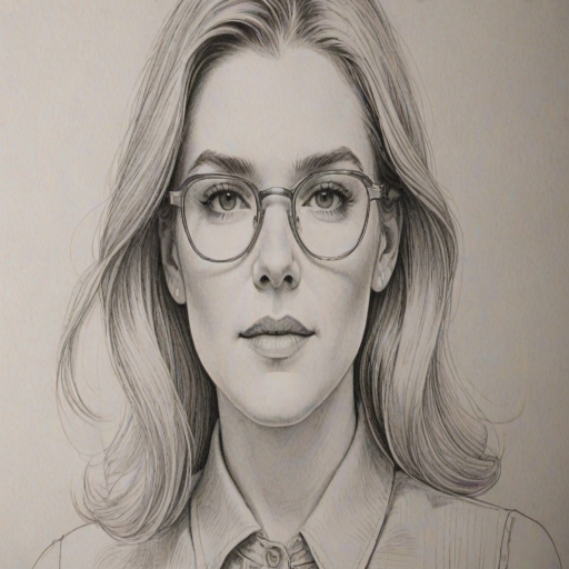 Graceful Lily Rabe, pencil sketch, portrait of Elegant woman 1969s in glasses, hair style beatnik, outline, clear lines, fine lines, 8k