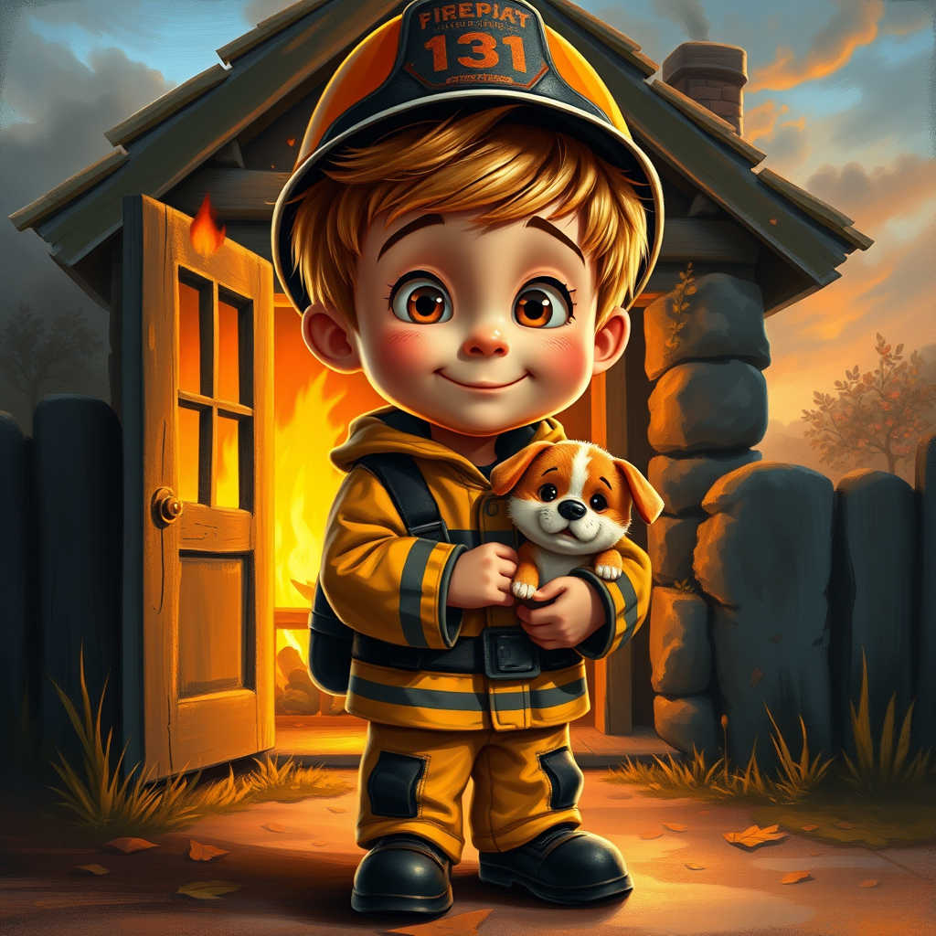 airbrushed oil painting, pixar style, cute little boy in fireman gear, helmet, tousled hair, expressive eyes, standing in the doorstep of a cottage burning behind him, holding a cute little dog in his arm, atumn sky