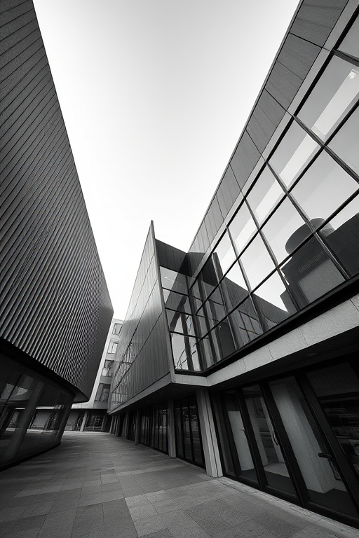regenerate an architectural image featuring modern geometric structures with sharp angles and contrasting materials, captured with a Canon EOS R5, 50mm lens, aperture f/8, ISO 100, with a high-contrast black and white filter for enhanced details and textures, in a wide-angle view to emphasize the building's lines and form