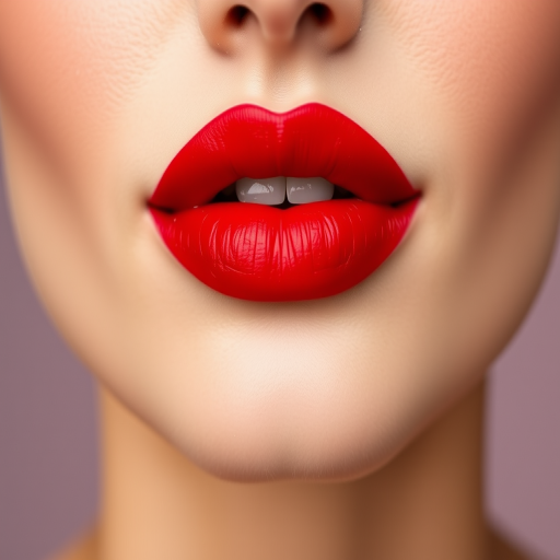 Classic red lip color with a satin finish adorns perfectly symmetrical lips, showcasing their flawless shape and smooth texture in a timeless, elegant style