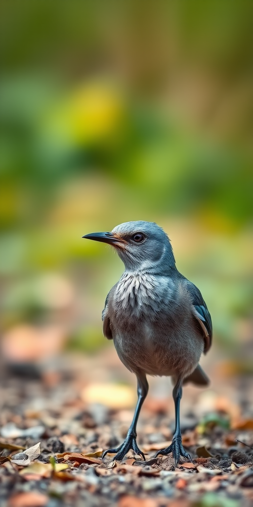 Capture a close-up of a blue-grey bird standing on the ground, with a shallow depth of field to blur the background, using a DSLR camera at f/2.8, 1/500s shutter speed, ISO 200, in natural light, with a 100mm macro lens for sharp detail.