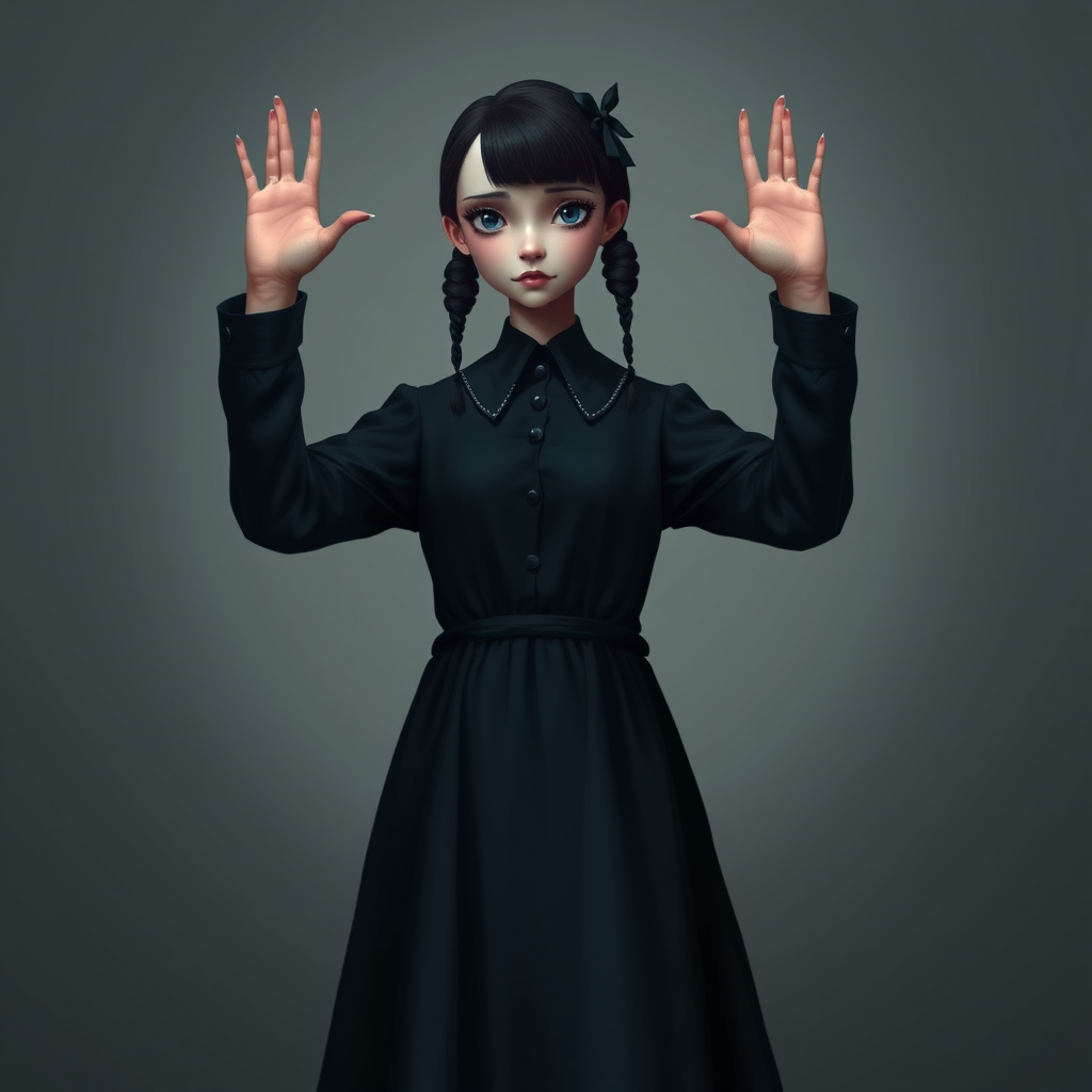 Digital art, full height portrait of Wednesday Addams, standing up with her hands in the air as if in a hold-up. Her dark, gothic attire replaces Alice’s classic blue dress, and she wears black shoes instead of blue. A small, neat black bow adorns her hair, capturing her signature style. The overall composition maintains a whimsical yet eerie tone, similar to Alice in Wonderland, while showcasing Wednesday’s iconic gothic charm.