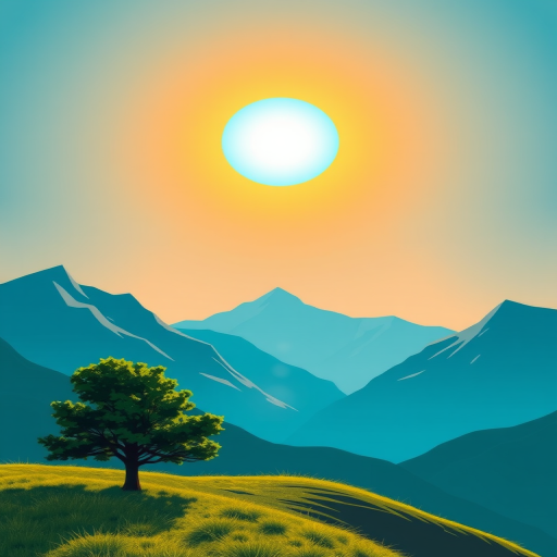 Create a vibrant landscape illustration with a bright blue sun, stylized mountains in shades of teal, and a green tree, using a DSLR camera with a 50mm lens, f/2.8 aperture, ISO 100, at a low angle view for enhanced depth and clarity.