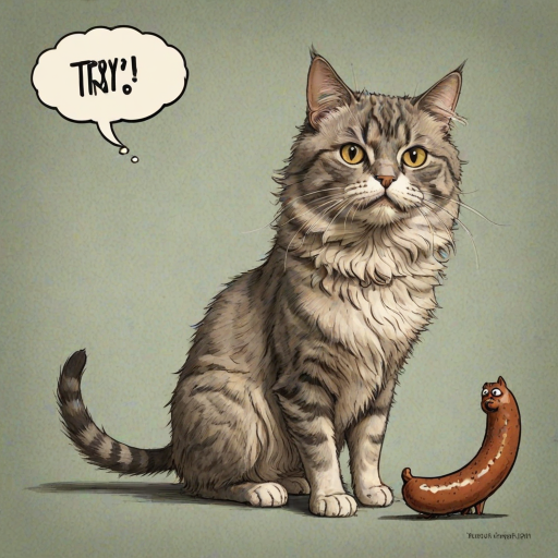 caricature of a silly whimsical fluffy cat with a mean look she has one foot on a sausage and is looking at an old scraggly big dog the cat has a thought bubble above her head that says “try,me"