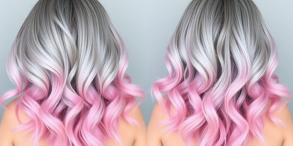 Silver-gray ombre flowing into pastel pink ends, styled in beachy waves, the Moonlit Mermaid style embodies ethereal beauty and otherworldly charm