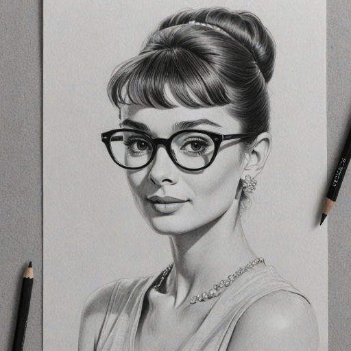 Pleasing Audrey Hepburn, pencil sketch, portrait of Exquisite woman 1979s in glasses, hair style beatnik, outline, clear lines, fine lines, 8k