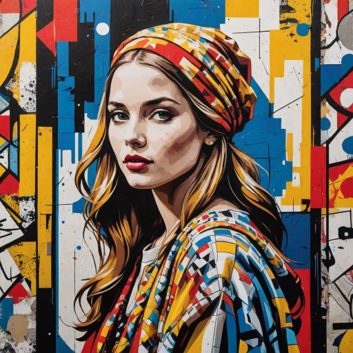 A vibrant artwork blending bohemian style with edgy street art, featuring a young Swedish woman. The design mixes vibrant colors with the modern Disney-inspired style, echoing Roy Lichtenstein's pop art. The overall mood is optimistic and trendy, with elements of Johannes Vermeer’s classic elegance, combined with the geometric abstraction of crystal cubism. add Stockholm silhouette