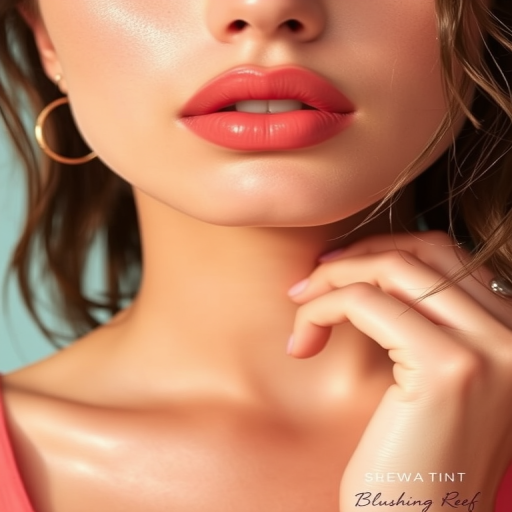 Sheer coral lips with a water-tint formula, named "Blushing Reef," providing a lightweight, natural-looking stain for effortless beauty