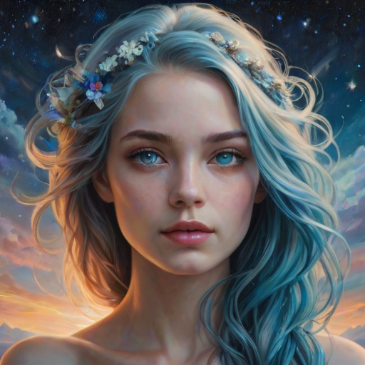 Create a series of imaginative portraits where each subject is infused with elements of fantasy and nature. The hair of the individuals should flow like clouds, varying from soft, fluffy cumulus to wispy cirrus strands, with hints of color reflecting a sunset or a clear blue sky. The eyes should be windows to entire galaxies, with stars, nebulae, and distant planets visible within them. Clothing should be adorned with nature motifs, such as floral patterns that bloom and change, vines that seem to grow and wrap around, or feathers that shimmer with iridescence. Each portrait should capture a unique personality, blending human features with the ethereal beauty of the natural and cosmic world. The backgrounds can vary, from starry night skies to enchanted forests, adding depth and context to the magical realism of the portraits