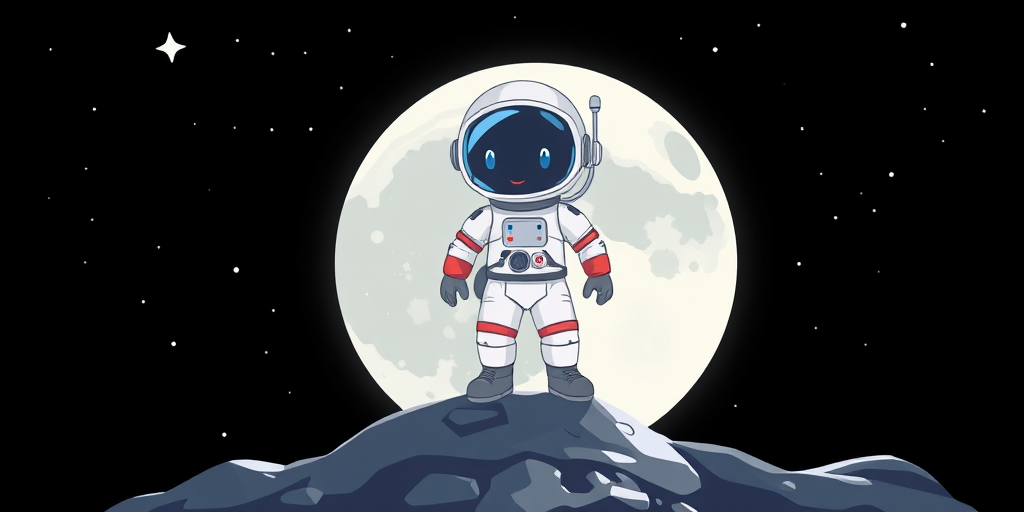 Create a digital illustration of a cartoon astronaut standing on the moon with a black starry background, use a 50mm lens, aperture f/2.8, ISO 100, with a soft focus style, in a high-resolution digital format.