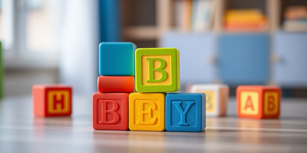 Create an image of colorful baby blocks stacked in a playful arrangement, 50mm lens, f/2.8 aperture, ISO 100, captured from a high angle, using a digital camera with a soft focus background to enhance the blocks' vibrant colors.