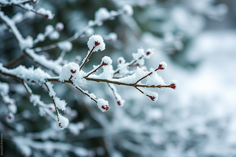 Generate a serene winter scene with branches covered in snowflakes, soft focus background, close-up view, f/2.8 aperture, ISO 100, 1/200 sec shutter speed, natural lighting, DSLR camera.