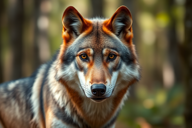 A highly detailed portrait of a wolf in a forest setting, focusing on its piercing eyes and lush fur, captured with a Canon EOS 5D Mark IV, 50mm lens, f/1.8 aperture, ISO 200, natural lighting, shallow depth of field.