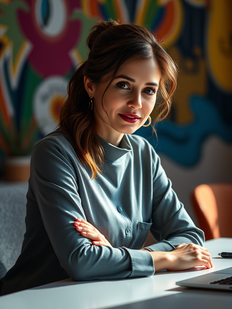 professional portrait of a woman sitting at a desk with a colorful background, soft lighting, f/2.8 aperture, 50mm lens, ISO 200, shallow depth of field, Canon EOS R, natural light enhanced with controlled studio lighting