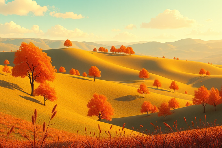 Create a vibrant digital illustration of an autumn landscape featuring rolling hills, stylized trees with orange foliage, and stylized plants in warm tones, using a wide-angle view with high saturation and smooth gradients, simulated with a DSLR camera setting of f/4.0 aperture, ISO 100, and a 28mm lens.
