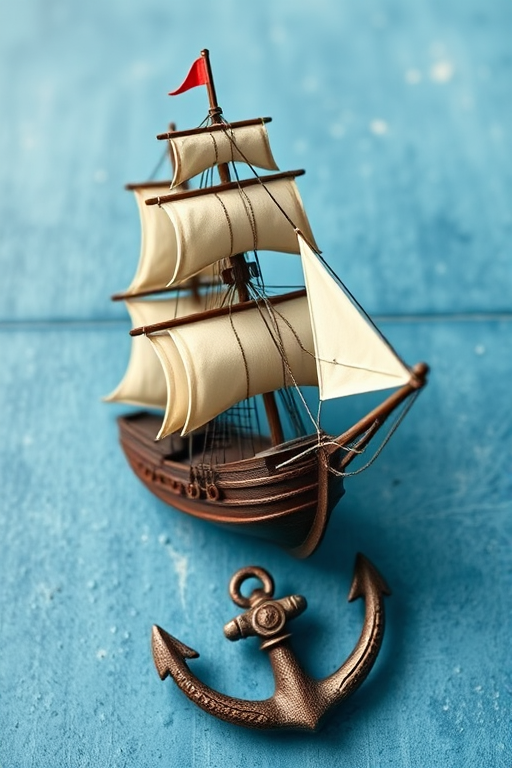 Generate a high-resolution image of a vintage sailing ship on a textured blue background with a detailed anchor, captured with a DSLR camera at f/5.6, 1/250s, ISO 200, using a wide-angle lens to create depth and clarity.