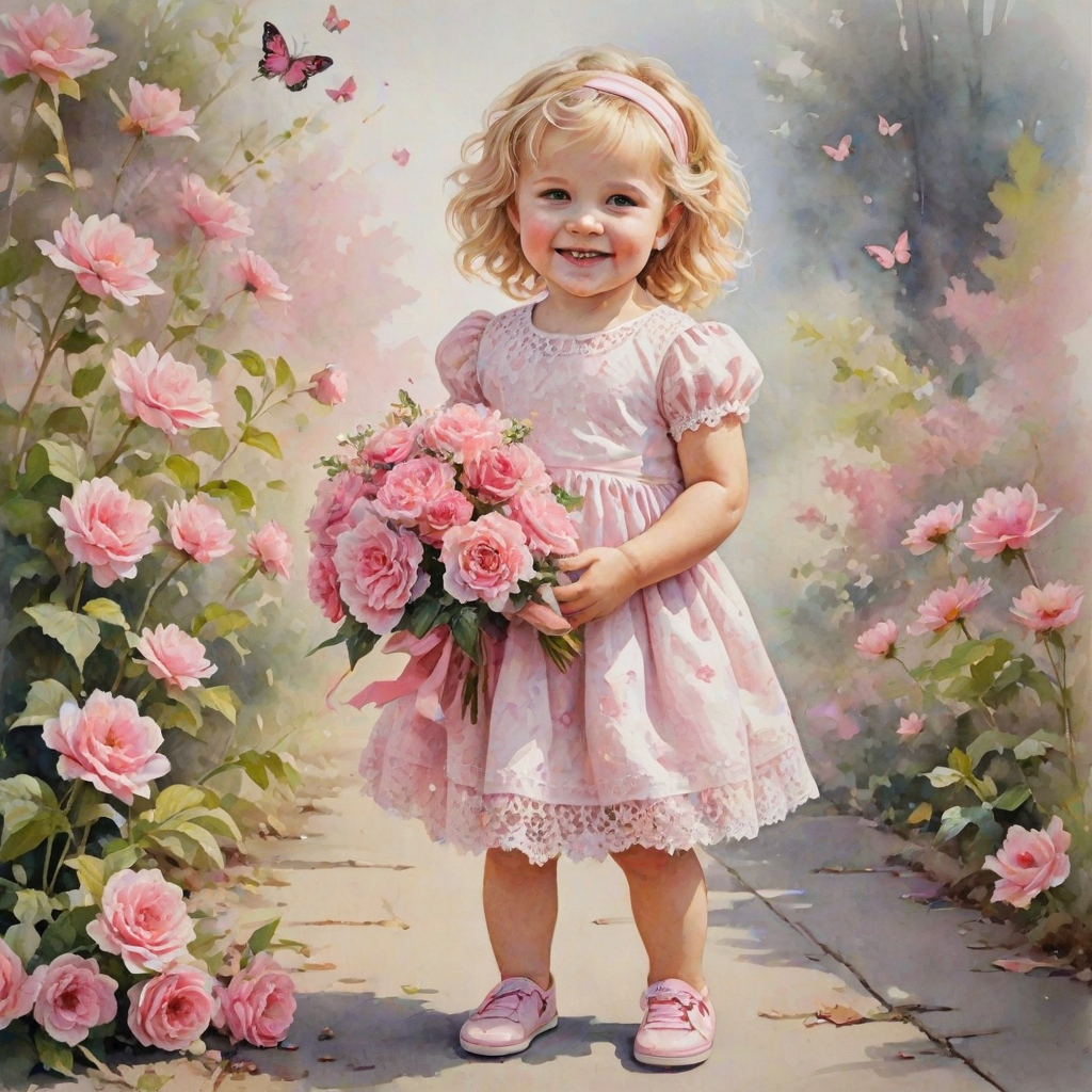 hyperrealism happy smiling toddler girl with messy wavy blonde hair with a headband, she is wearing a pink and white lace dress with pink and white shoes, she is holding a pink bouquet of flowers. Pink flowers and butterflies. summer background. Watercolor Highly detailed