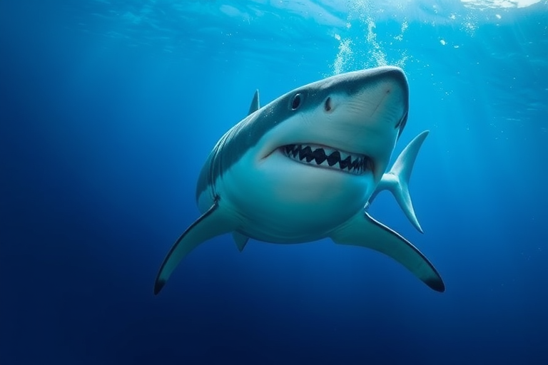 create a realistic illustration of a great white shark swimming in deep blue waters with a 50mm lens, f/8 aperture, ISO 200, shot from an underwater perspective, using a DSLR camera for enhanced detail and clarity